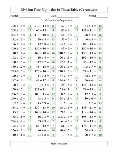 The Horizontally Arranged Division Facts Up to the 16 Times Table (100 Questions) (C) Math Worksheet Page 2