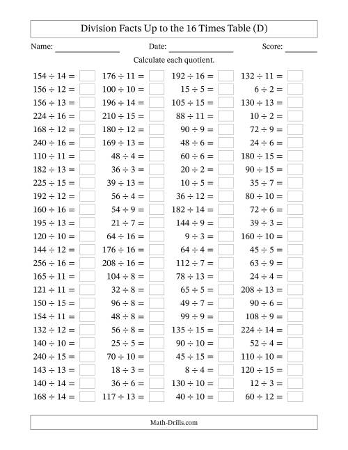 The Horizontally Arranged Division Facts Up to the 16 Times Table (100 Questions) (D) Math Worksheet