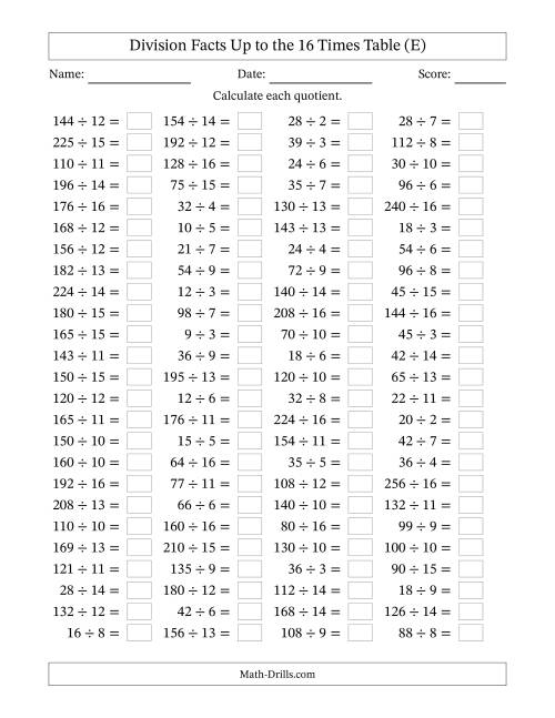 The Horizontally Arranged Division Facts Up to the 16 Times Table (100 Questions) (E) Math Worksheet