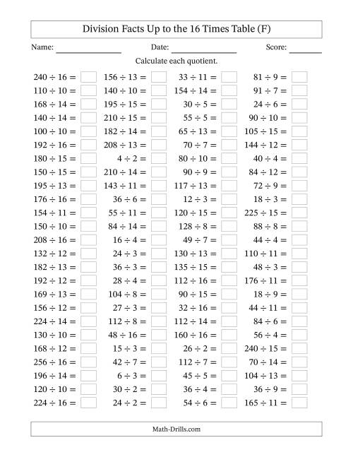The Horizontally Arranged Division Facts Up to the 16 Times Table (100 Questions) (F) Math Worksheet