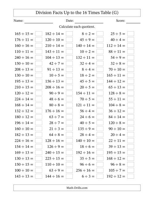 The Horizontally Arranged Division Facts Up to the 16 Times Table (100 Questions) (G) Math Worksheet