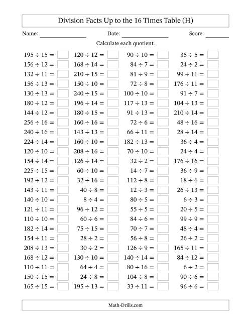 The Horizontally Arranged Division Facts Up to the 16 Times Table (100 Questions) (H) Math Worksheet