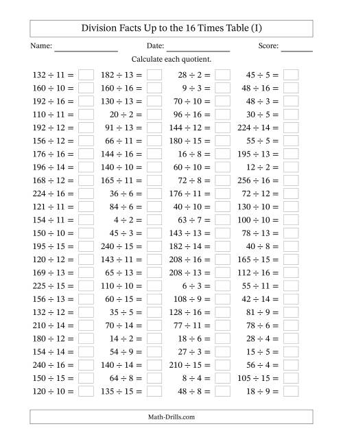 The Horizontally Arranged Division Facts Up to the 16 Times Table (100 Questions) (I) Math Worksheet