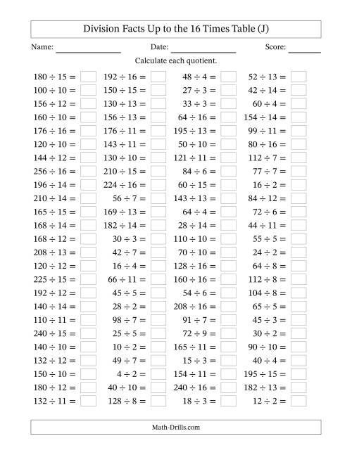 The Horizontally Arranged Division Facts Up to the 16 Times Table (100 Questions) (J) Math Worksheet