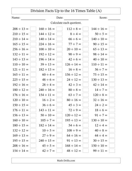 The Horizontally Arranged Division Facts Up to the 16 Times Table (100 Questions) (All) Math Worksheet