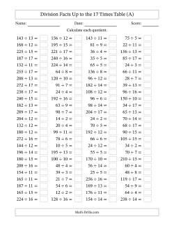 Horizontally Arranged Division Facts Up to the 17 Times Table (100 Questions)