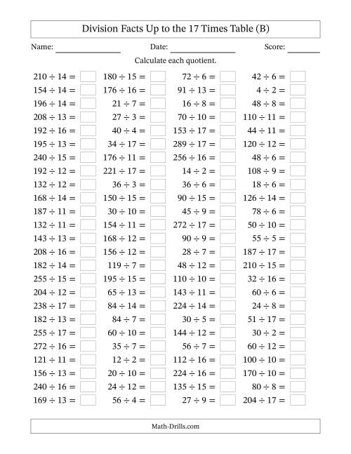 The Horizontally Arranged Division Facts Up to the 17 Times Table (100 Questions) (B) Math Worksheet