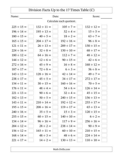 The Horizontally Arranged Division Facts Up to the 17 Times Table (100 Questions) (C) Math Worksheet