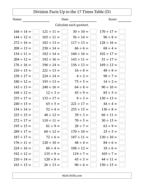 The Horizontally Arranged Division Facts Up to the 17 Times Table (100 Questions) (D) Math Worksheet