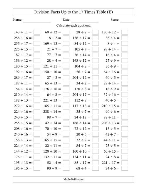 The Horizontally Arranged Division Facts Up to the 17 Times Table (100 Questions) (E) Math Worksheet