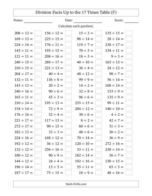 The Horizontally Arranged Division Facts Up to the 17 Times Table (100 Questions) (F) Math Worksheet