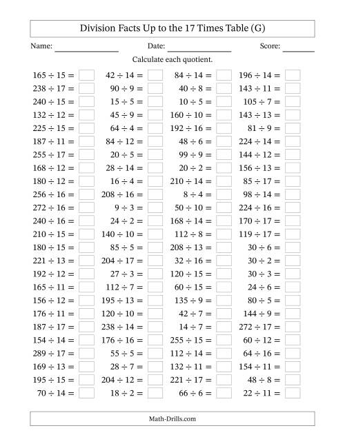 The Horizontally Arranged Division Facts Up to the 17 Times Table (100 Questions) (G) Math Worksheet