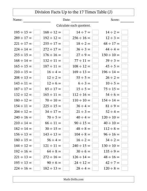 The Horizontally Arranged Division Facts Up to the 17 Times Table (100 Questions) (J) Math Worksheet