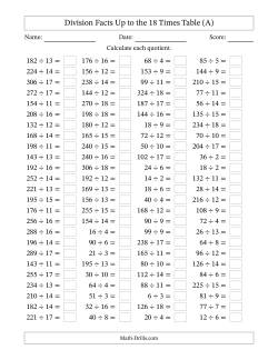 Horizontally Arranged Division Facts Up to the 18 Times Table (100 Questions)