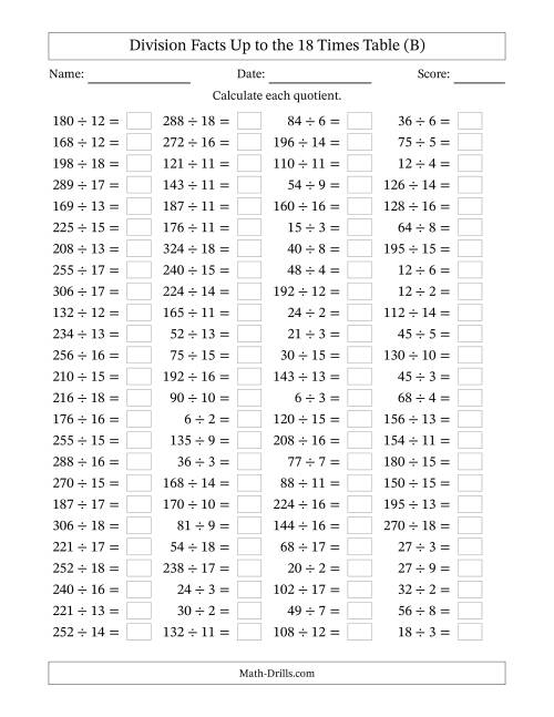 The Horizontally Arranged Division Facts Up to the 18 Times Table (100 Questions) (B) Math Worksheet