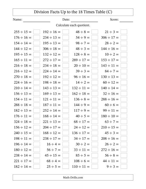 The Horizontally Arranged Division Facts Up to the 18 Times Table (100 Questions) (C) Math Worksheet