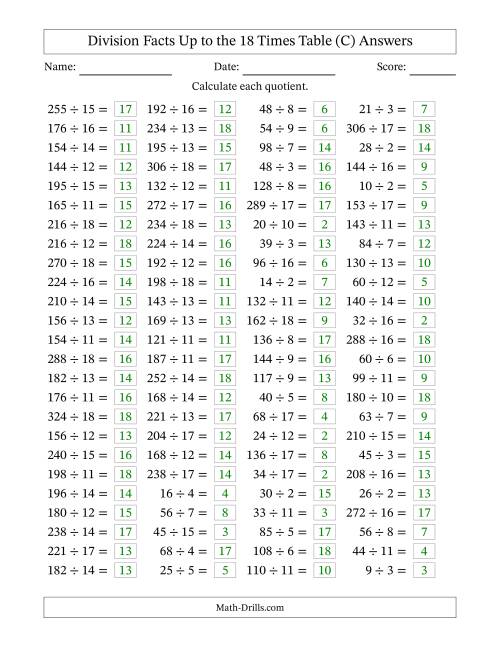 The Horizontally Arranged Division Facts Up to the 18 Times Table (100 Questions) (C) Math Worksheet Page 2
