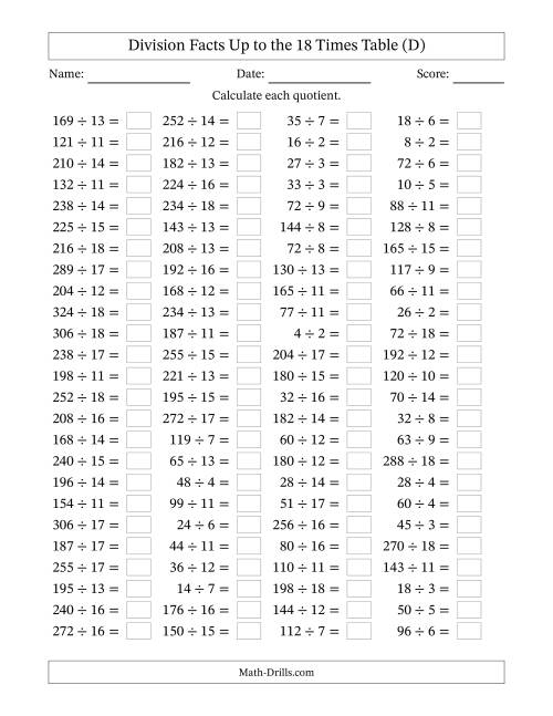 The Horizontally Arranged Division Facts Up to the 18 Times Table (100 Questions) (D) Math Worksheet