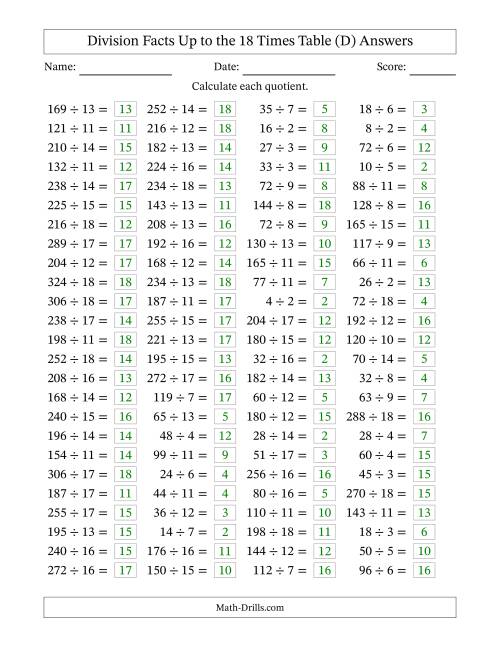 The Horizontally Arranged Division Facts Up to the 18 Times Table (100 Questions) (D) Math Worksheet Page 2