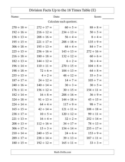 The Horizontally Arranged Division Facts Up to the 18 Times Table (100 Questions) (E) Math Worksheet