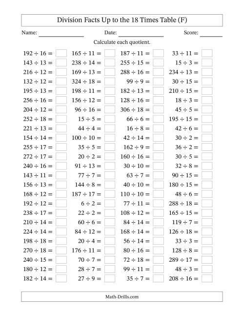 The Horizontally Arranged Division Facts Up to the 18 Times Table (100 Questions) (F) Math Worksheet