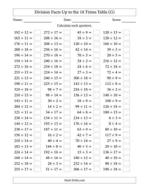 The Horizontally Arranged Division Facts Up to the 18 Times Table (100 Questions) (G) Math Worksheet