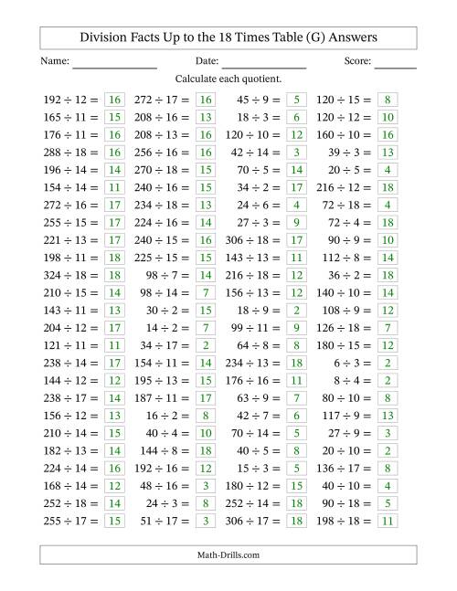 The Horizontally Arranged Division Facts Up to the 18 Times Table (100 Questions) (G) Math Worksheet Page 2