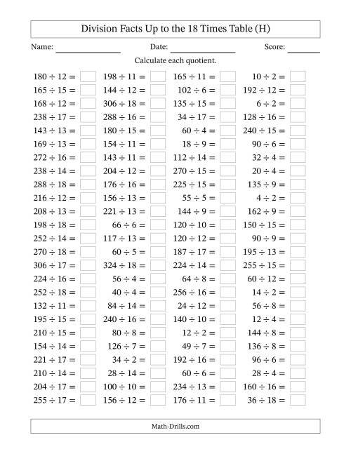 The Horizontally Arranged Division Facts Up to the 18 Times Table (100 Questions) (H) Math Worksheet