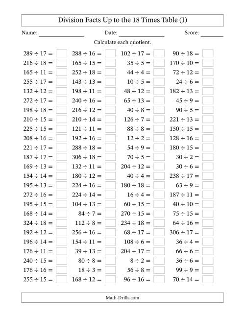 The Horizontally Arranged Division Facts Up to the 18 Times Table (100 Questions) (I) Math Worksheet