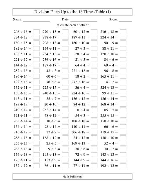 The Horizontally Arranged Division Facts Up to the 18 Times Table (100 Questions) (J) Math Worksheet