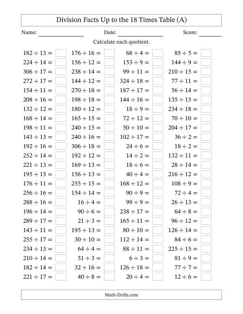 The Horizontally Arranged Division Facts Up to the 18 Times Table (100 Questions) (All) Math Worksheet