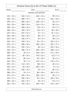 Horizontally Arranged Division Facts Up to the 19 Times Table (100 Questions)