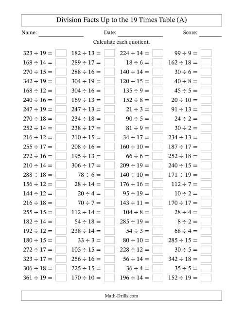The Horizontally Arranged Division Facts Up to the 19 Times Table (100 Questions) (A) Math Worksheet