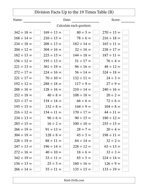The Horizontally Arranged Division Facts Up to the 19 Times Table (100 Questions) (B) Math Worksheet