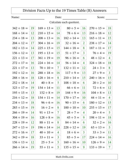 The Horizontally Arranged Division Facts Up to the 19 Times Table (100 Questions) (B) Math Worksheet Page 2