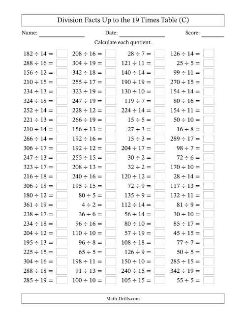 The Horizontally Arranged Division Facts Up to the 19 Times Table (100 Questions) (C) Math Worksheet