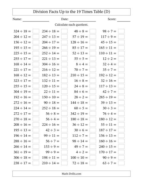 The Horizontally Arranged Division Facts Up to the 19 Times Table (100 Questions) (D) Math Worksheet