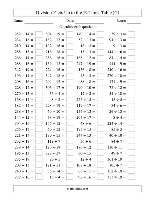 The Horizontally Arranged Division Facts Up to the 19 Times Table (100 Questions) (G) Math Worksheet