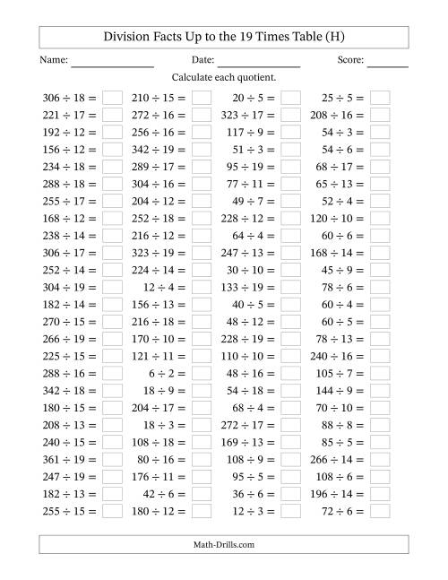 The Horizontally Arranged Division Facts Up to the 19 Times Table (100 Questions) (H) Math Worksheet