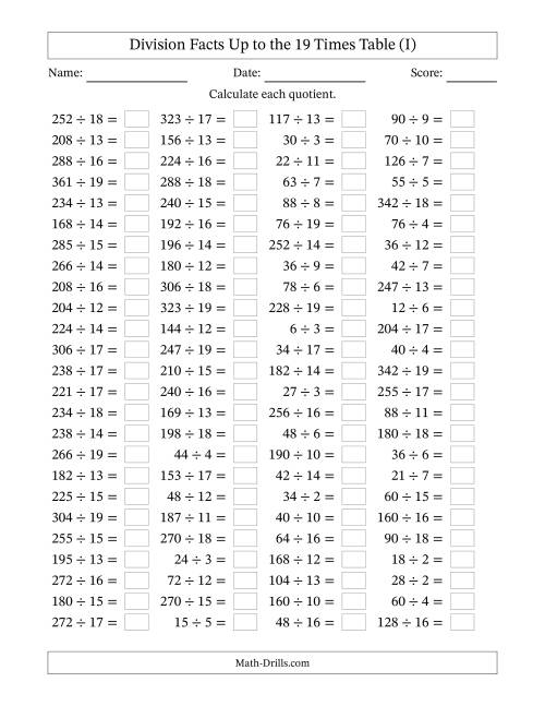 The Horizontally Arranged Division Facts Up to the 19 Times Table (100 Questions) (I) Math Worksheet