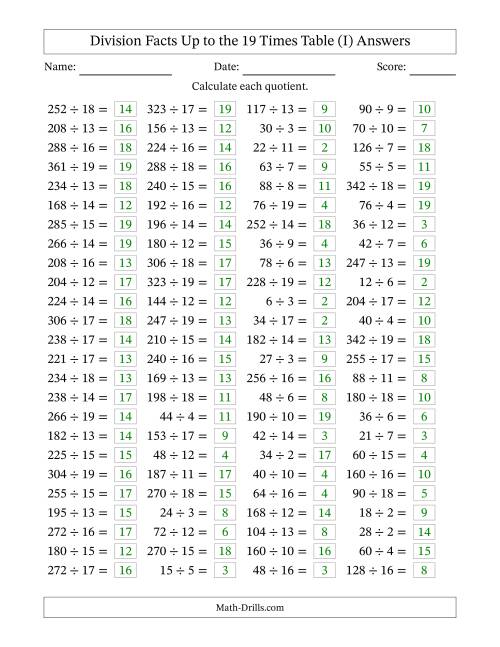 The Horizontally Arranged Division Facts Up to the 19 Times Table (100 Questions) (I) Math Worksheet Page 2