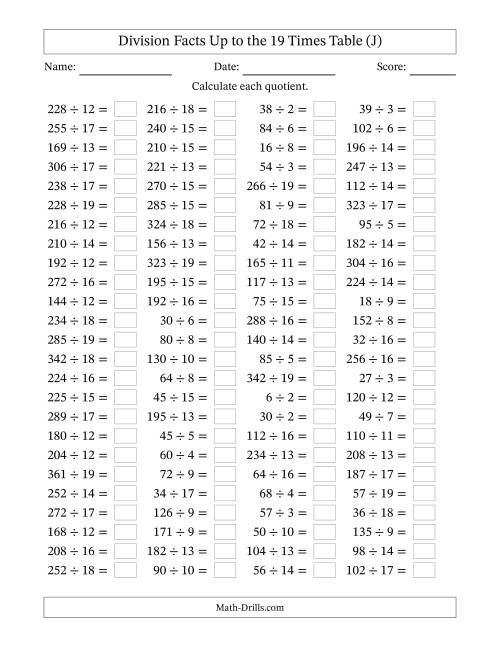 The Horizontally Arranged Division Facts Up to the 19 Times Table (100 Questions) (J) Math Worksheet