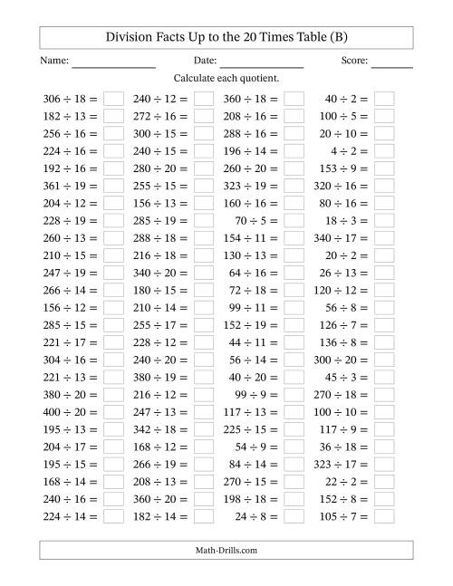 The Horizontally Arranged Division Facts Up to the 20 Times Table (100 Questions) (B) Math Worksheet