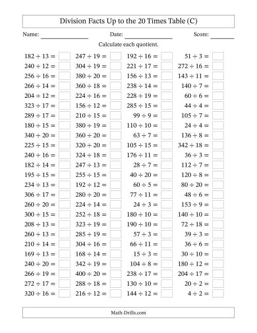 The Horizontally Arranged Division Facts Up to the 20 Times Table (100 Questions) (C) Math Worksheet