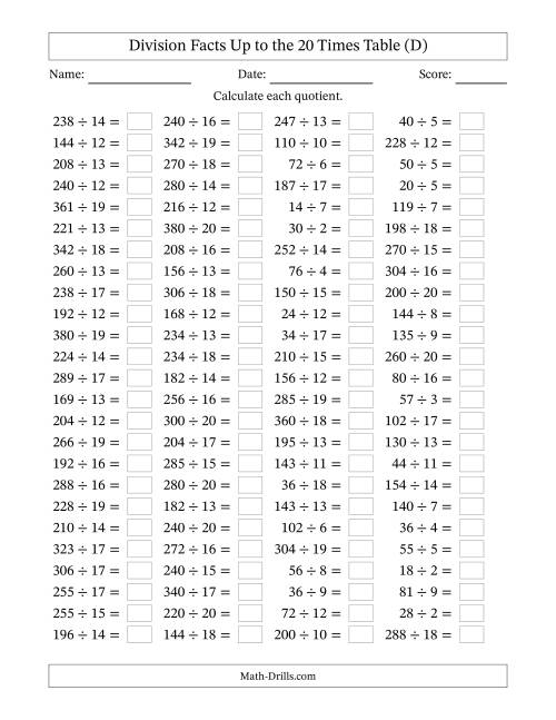 The Horizontally Arranged Division Facts Up to the 20 Times Table (100 Questions) (D) Math Worksheet