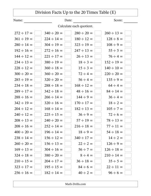 The Horizontally Arranged Division Facts Up to the 20 Times Table (100 Questions) (E) Math Worksheet