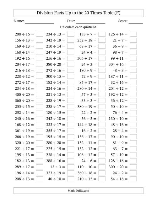 The Horizontally Arranged Division Facts Up to the 20 Times Table (100 Questions) (F) Math Worksheet