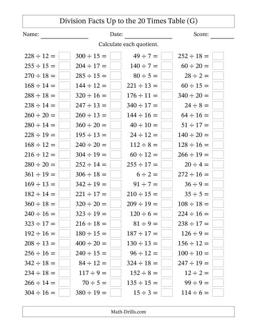 The Horizontally Arranged Division Facts Up to the 20 Times Table (100 Questions) (G) Math Worksheet