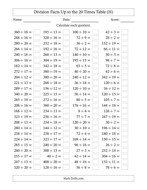 The Horizontally Arranged Division Facts Up to the 20 Times Table (100 Questions) (H) Math Worksheet