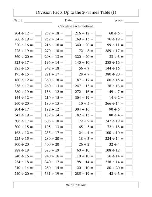 The Horizontally Arranged Division Facts Up to the 20 Times Table (100 Questions) (I) Math Worksheet